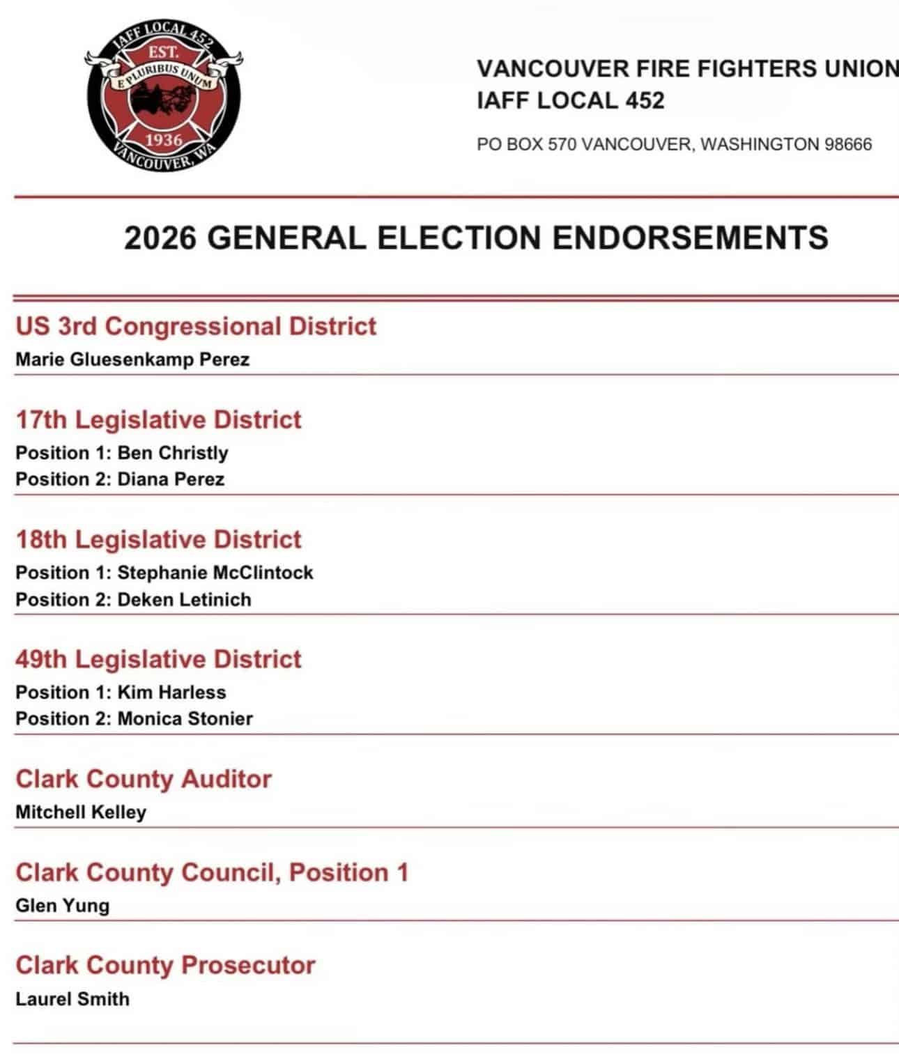 Vancouver Fire Fighters Union IAFF Local 452 2026 General Election endorsements list for Congressional, Legislative, and County positions.