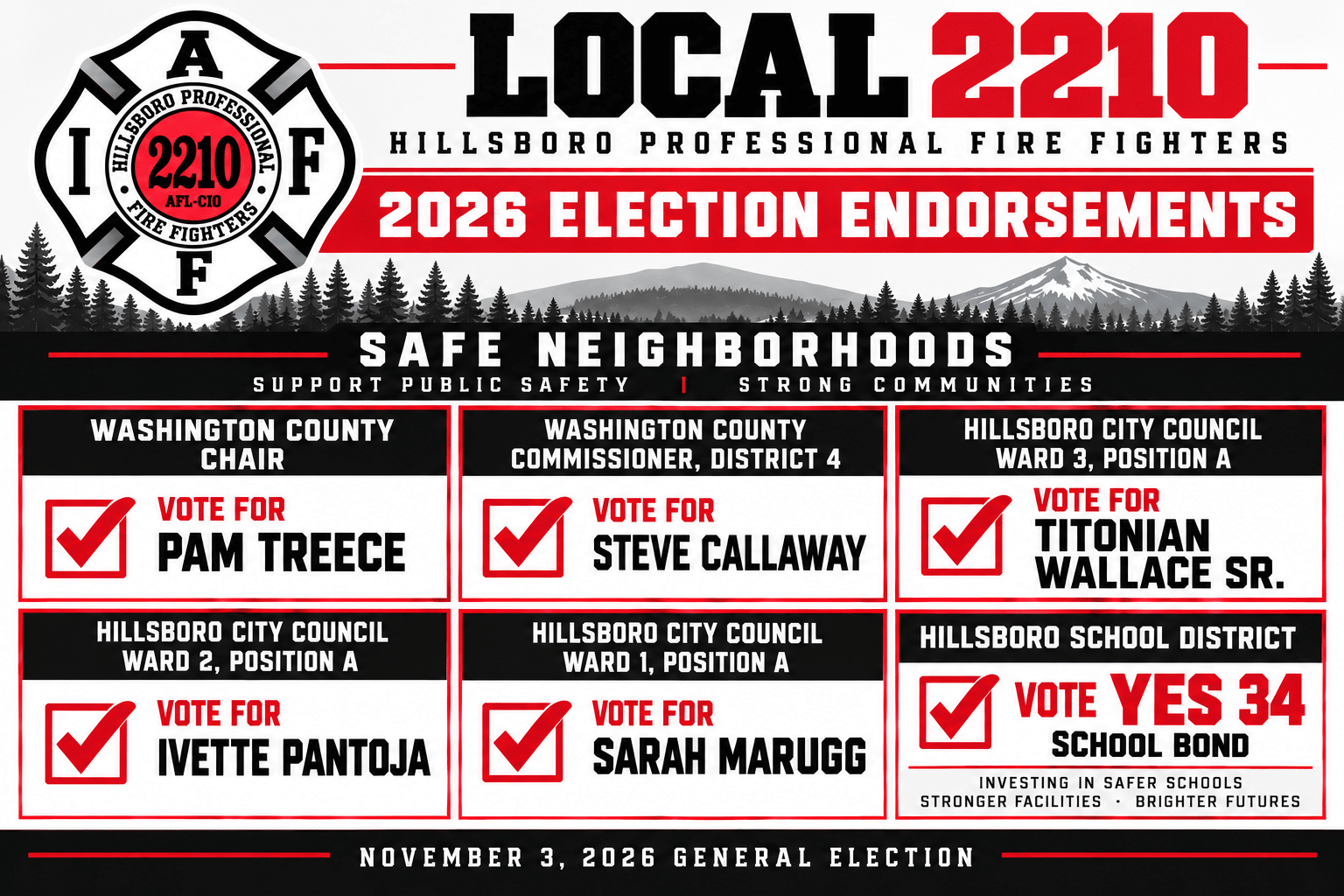 Hillsboro Professional Fire Fighters Local 2210 election endorsements for the November 3, 2026 general election, listing candidates for county and city positions and support for the school bond.