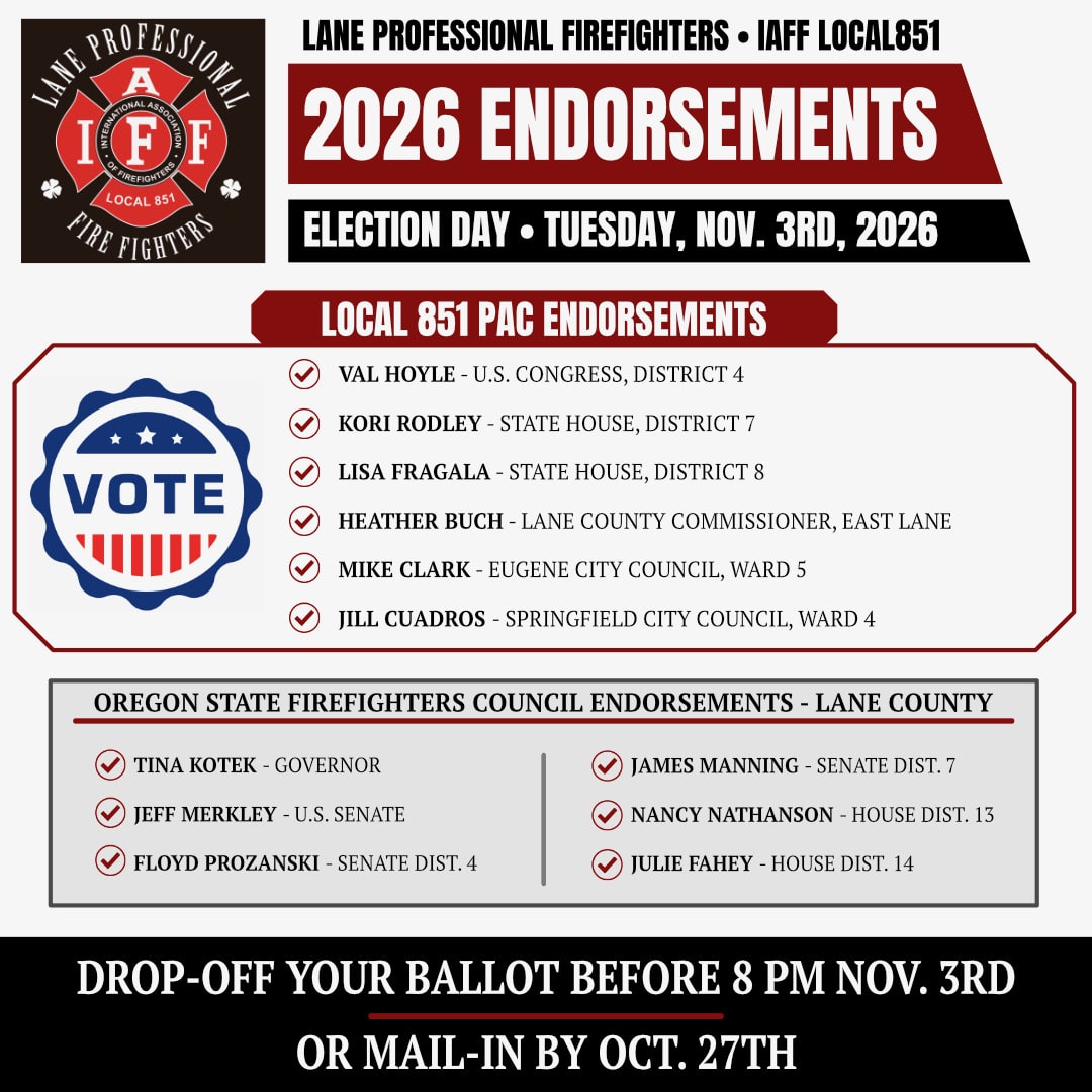 Lane Professional Firefighters Local 851 voter guide for the 2026 election, listing endorsed candidates for local and state offices and ballot submission deadlines.